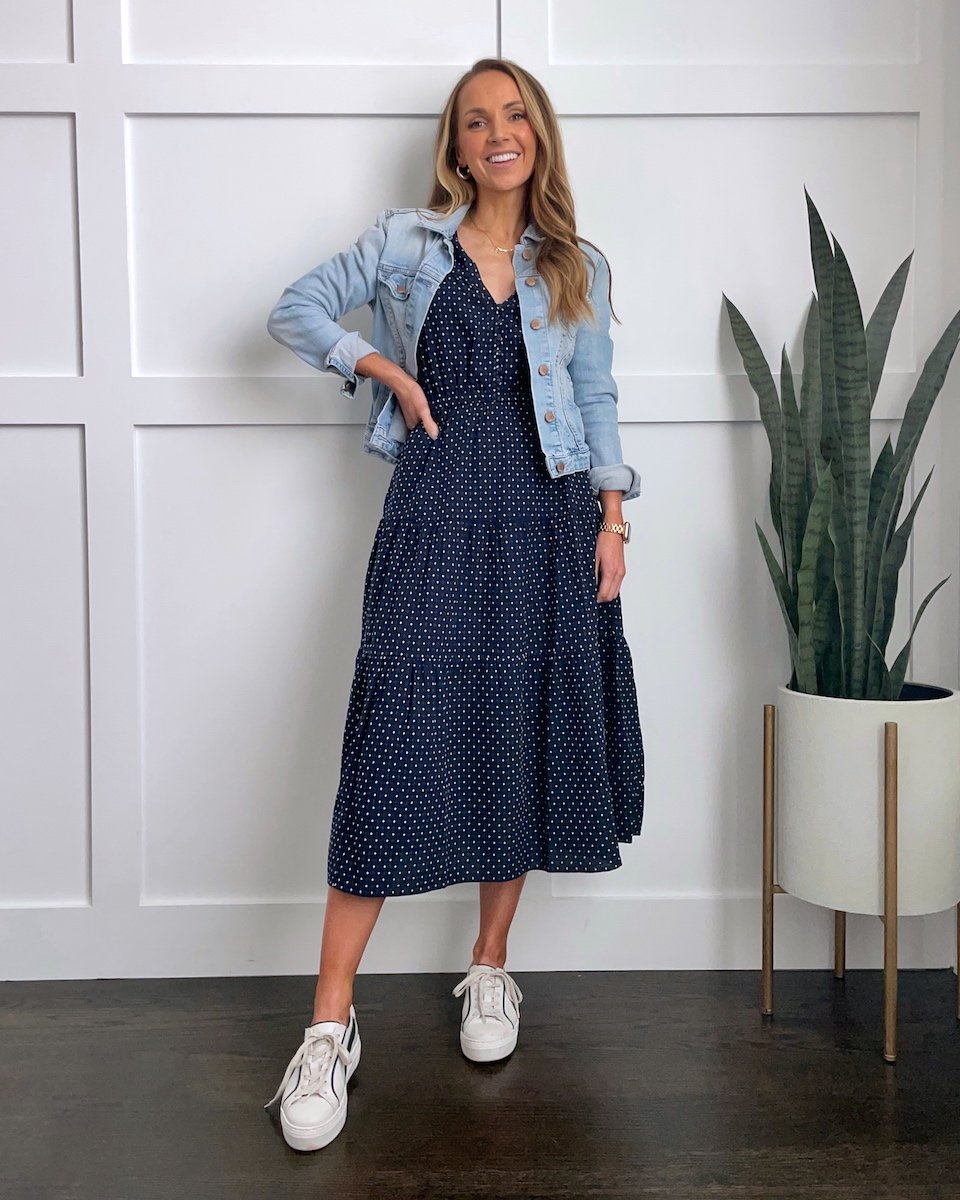 polka dot dress with denim jacket