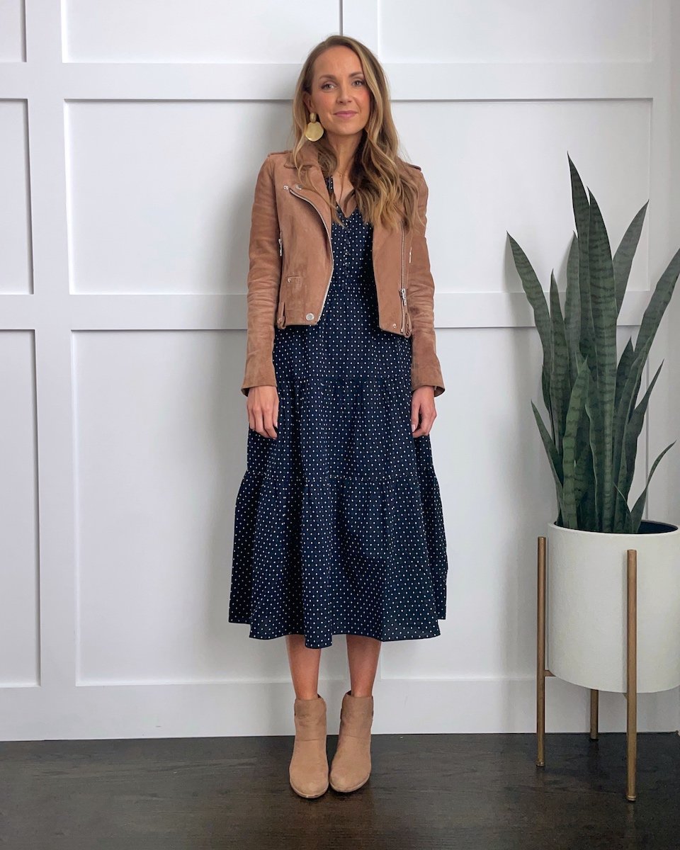polka dot dress with suede jacket