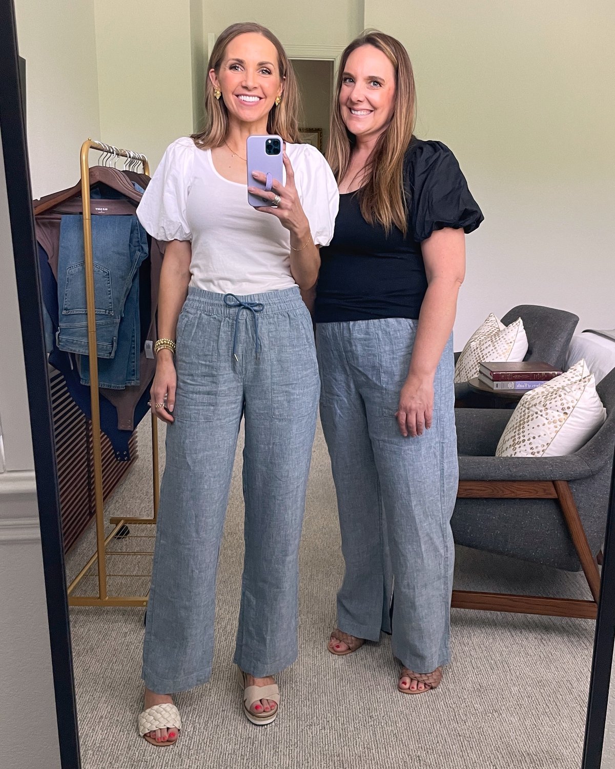 linen pants puff sleeve top