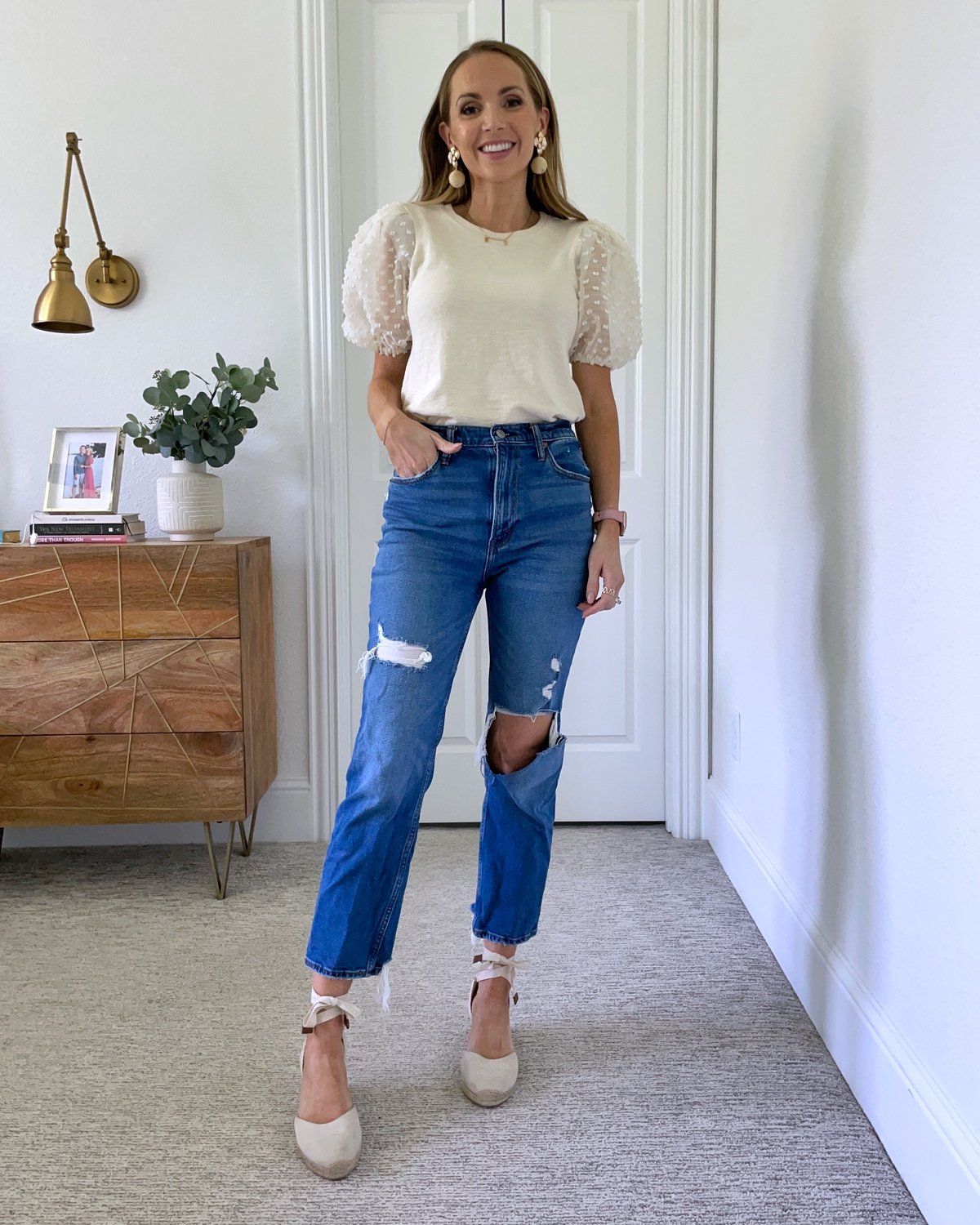 Distressed Boyfriend Jeans White Puff Sleeve Blouse