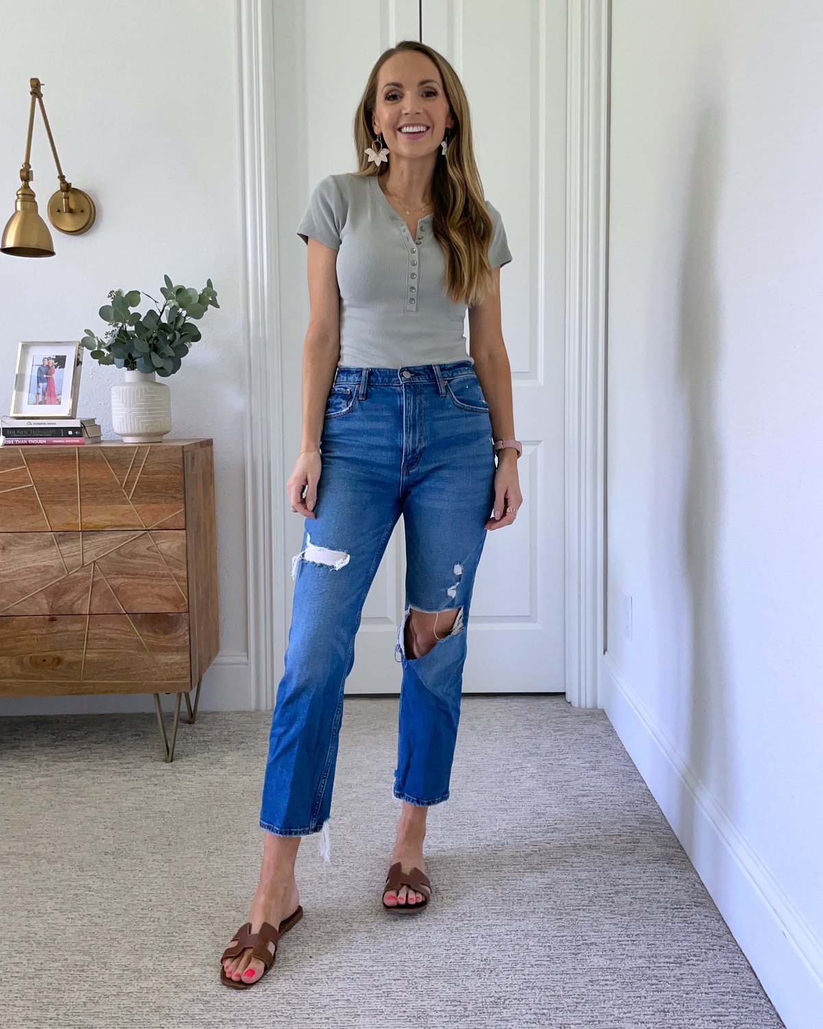 Distressed Boyfriend Jeans Gray Bodysuit