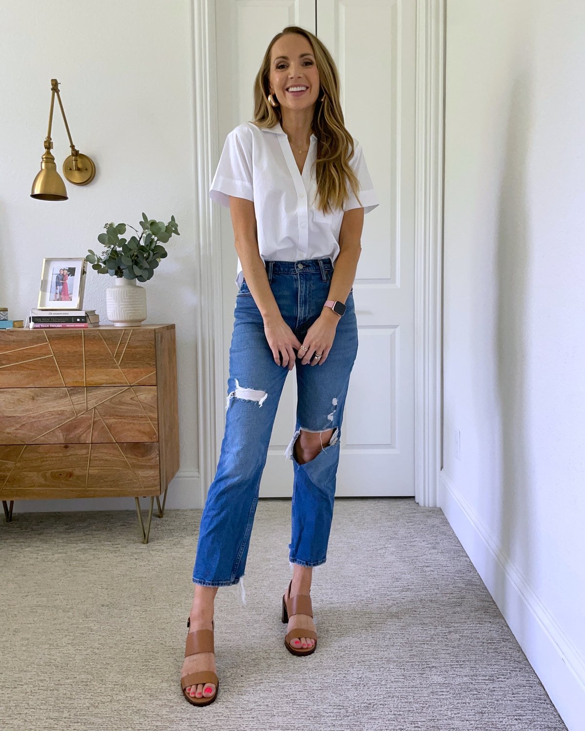 Distressed Boyfriend Jeans White Button Down