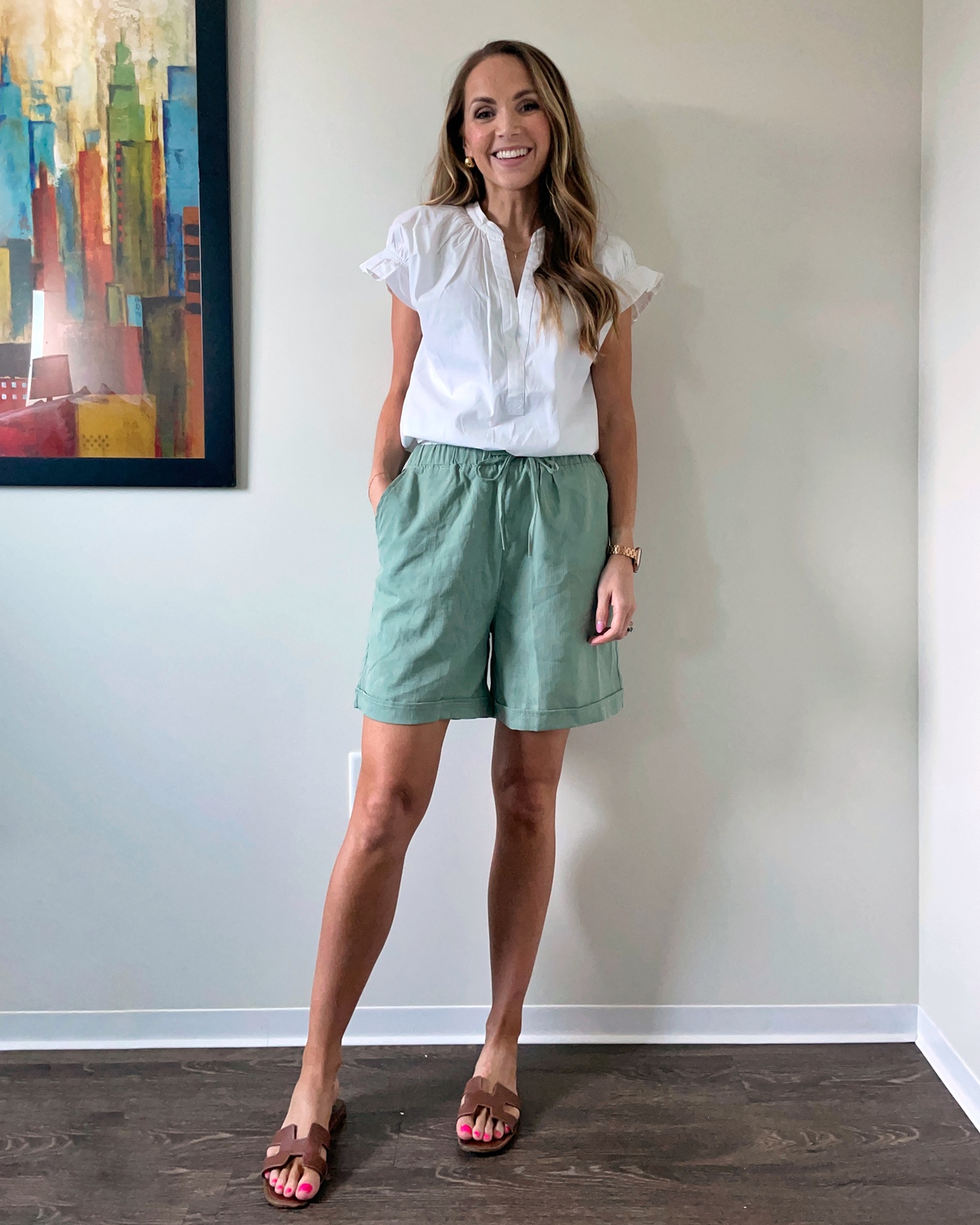 amazon shorts green white Anthropologie shorts leather sandals