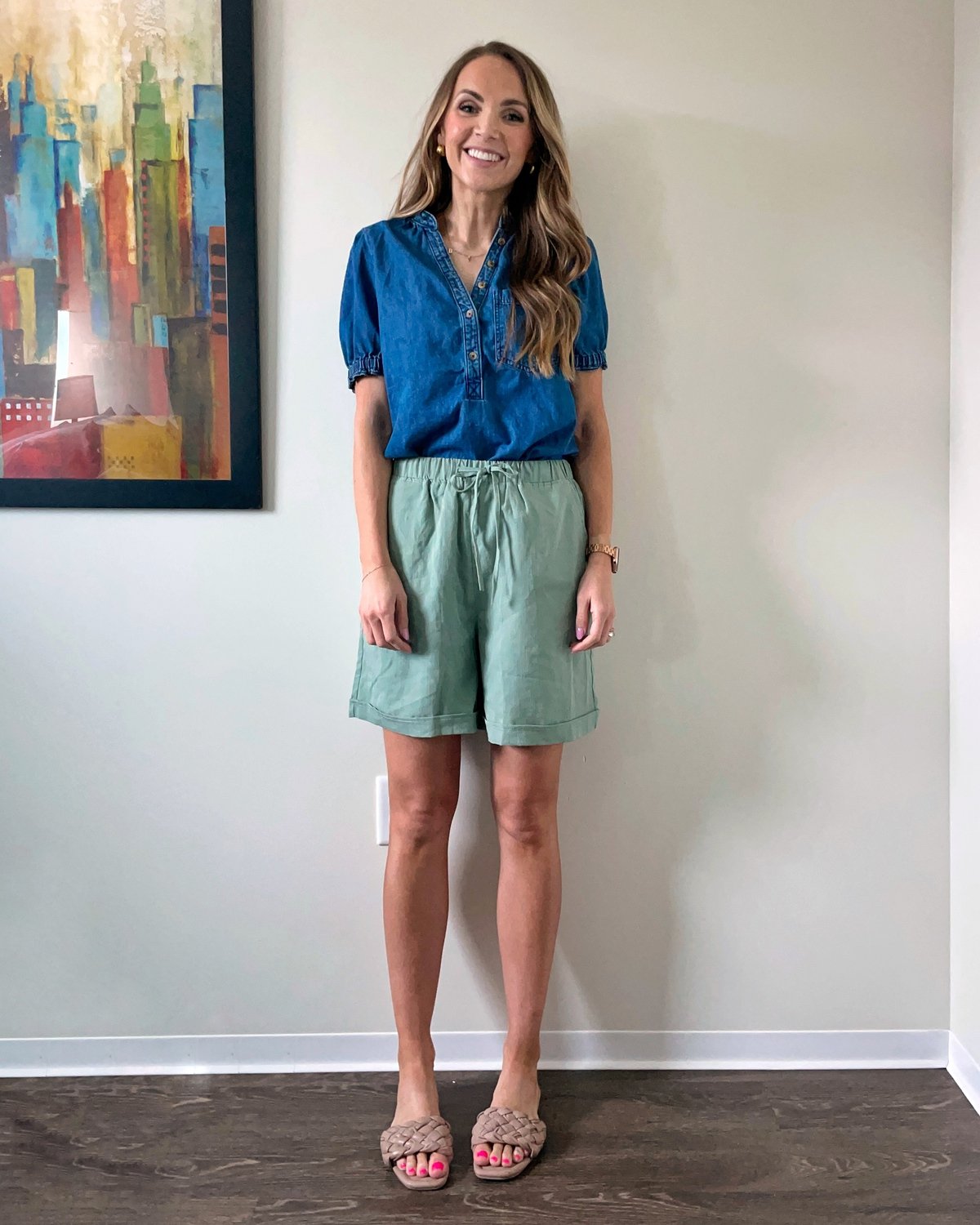 anthropologie denim top amazon shorts green braided woven sandals