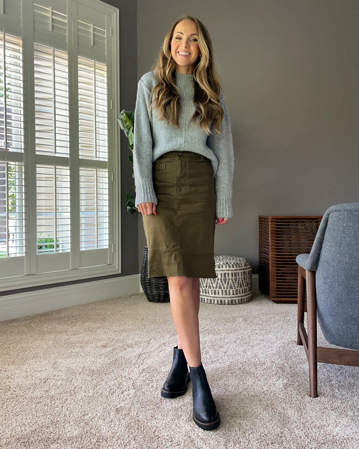 colette Maeve pencil skirt chunky gray sweater ankle Chelsea boots