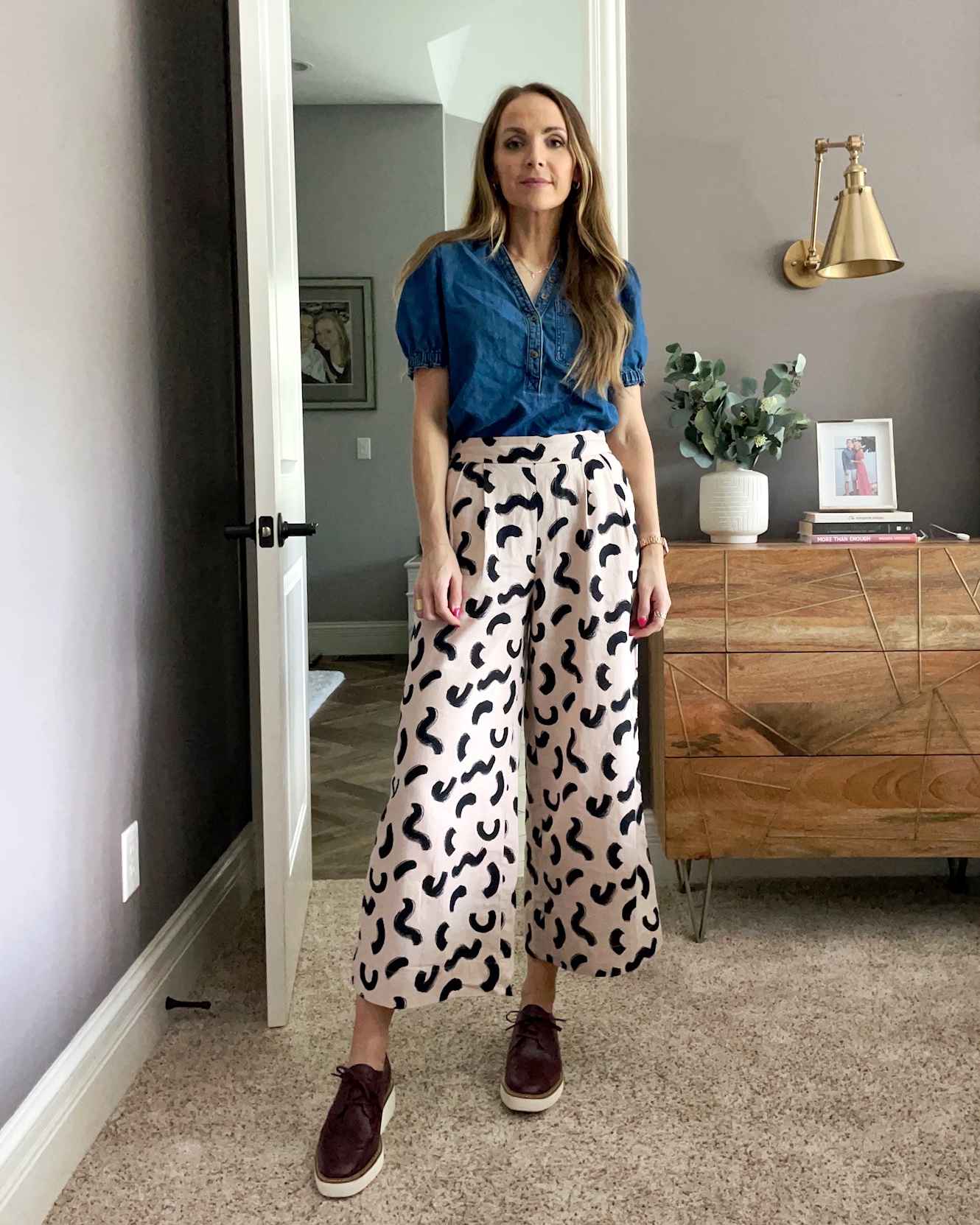 target printed pants anthro denim shirt