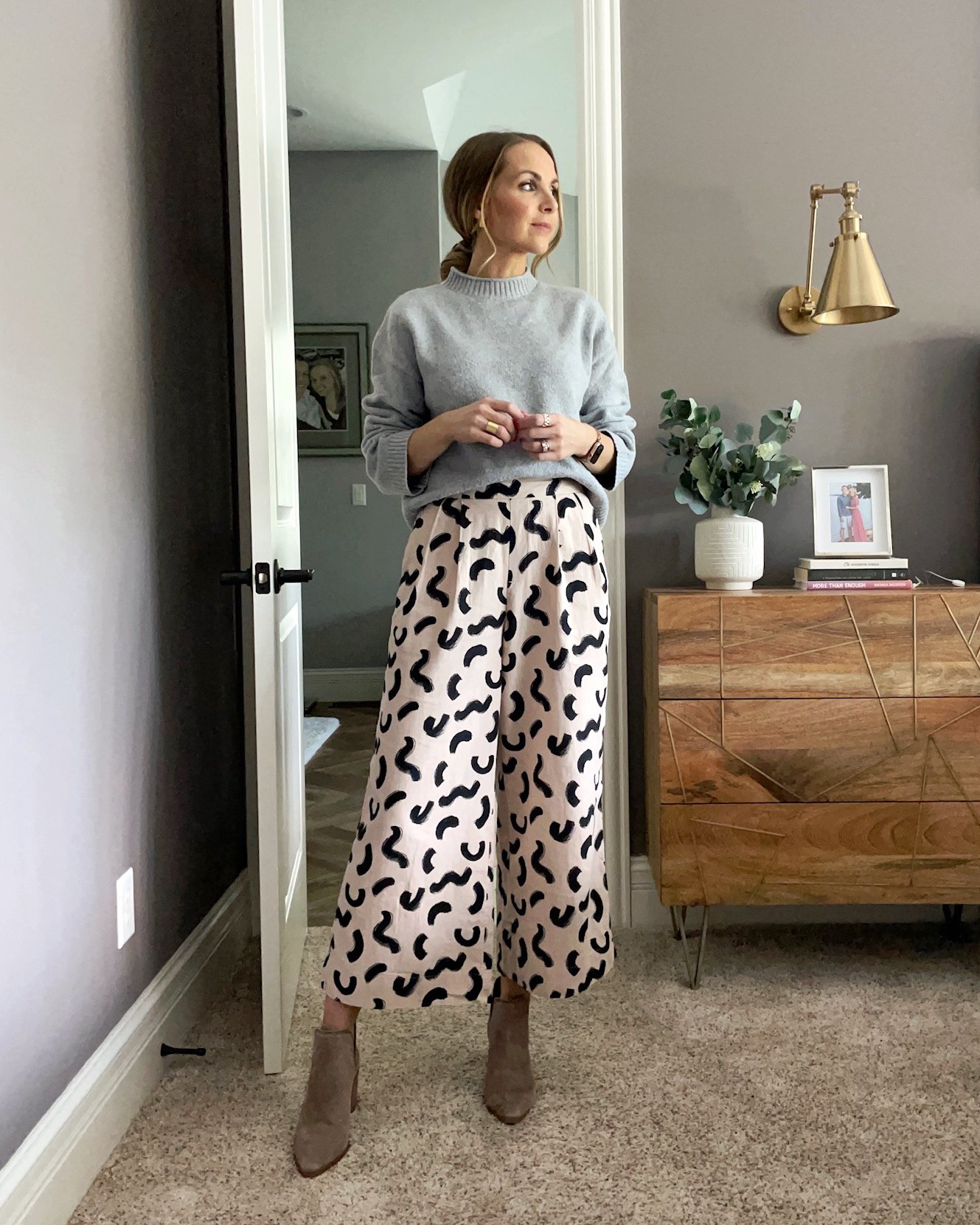 target printed pants bp grey sweater side slit boots