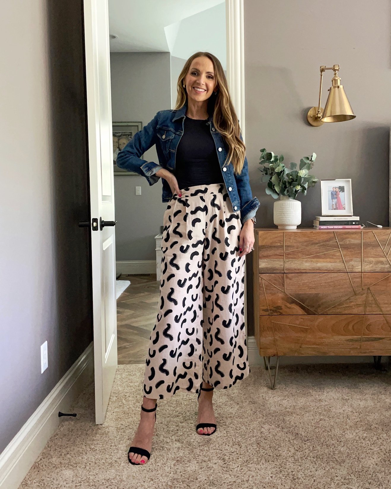 target printed pants pumiey body suit gap denim jacket