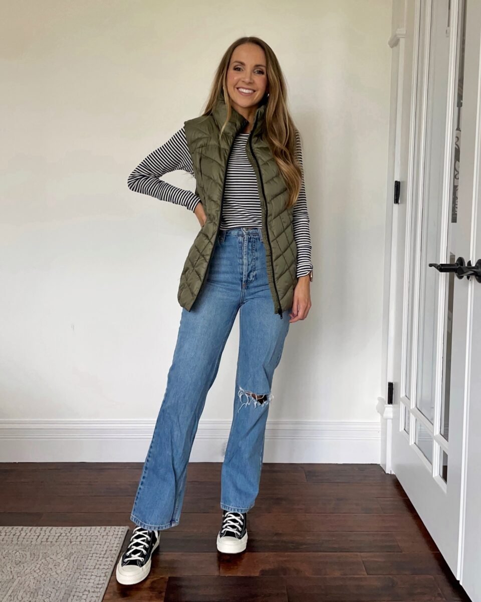 wal-mart green quilted puffer vest, striped tee, full length jeans, converse high tops