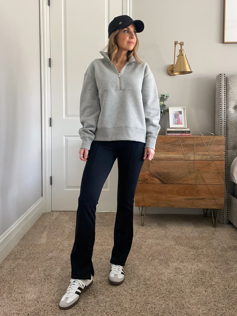 everlane half zip, american giants zip ankle flares, baseball cap, sambas