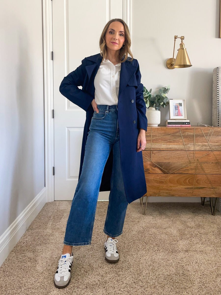 madewell jeans, madewell button down shirt, maurices navy trenchcoat, sambas