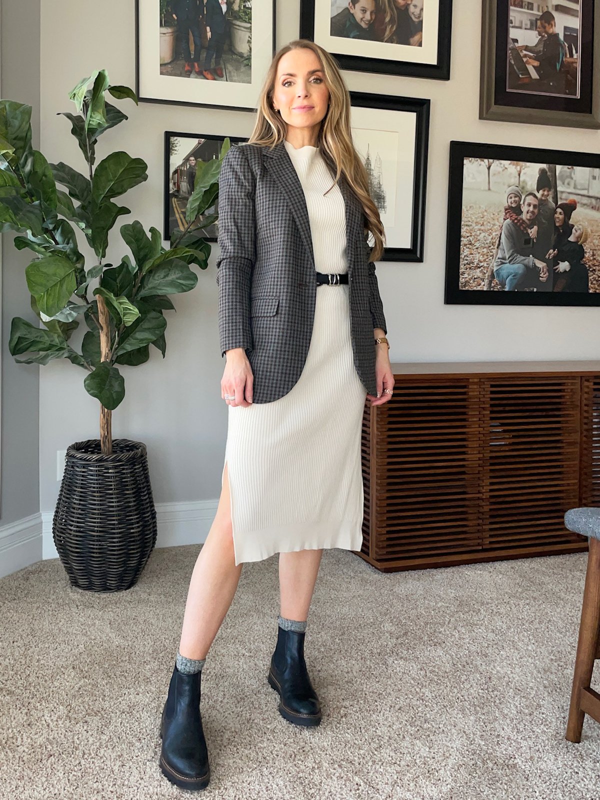 blazer and sweater dress winter teacher outfit