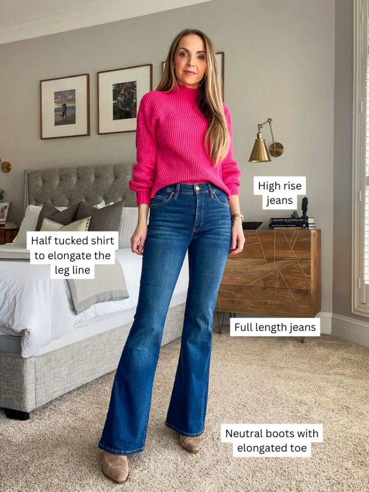 Half tucked shirt to elongate the leg line