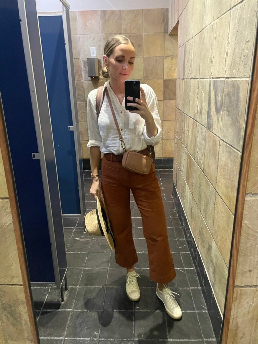 old navy cropped pants, madewell crossbody, rothy's sneakers, africa safari outfit