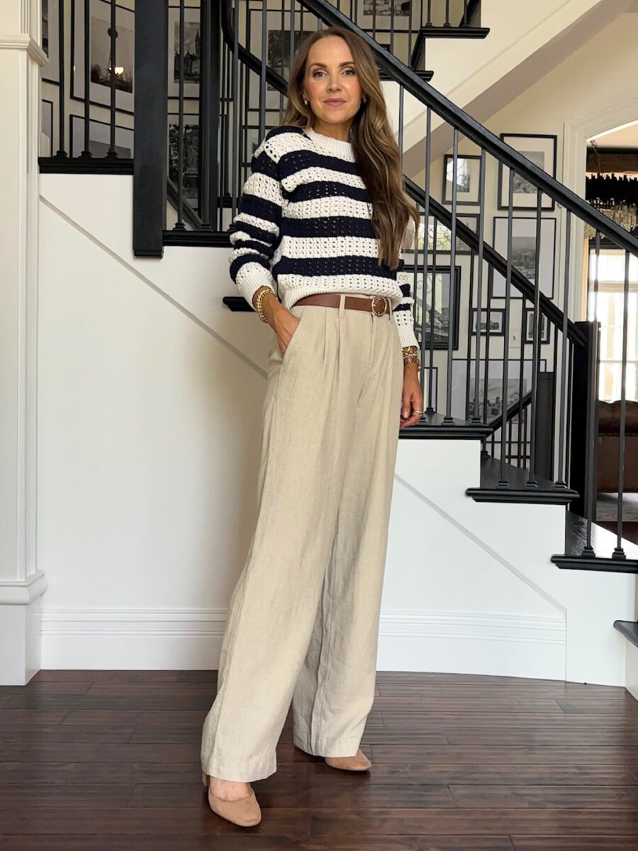 Target linen pants, target striped crochet sweater, target belt, Nordstrom pointed loafers