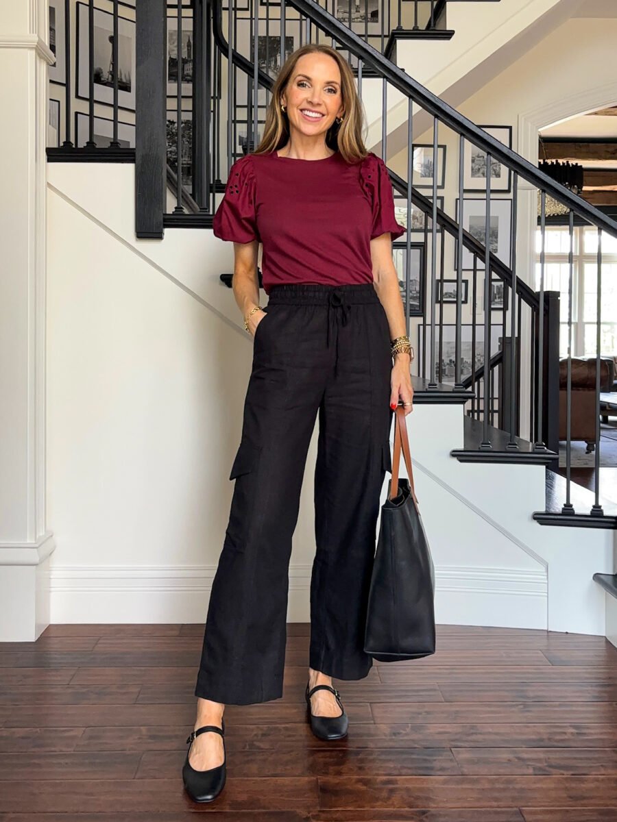 Teacher outfits, Walmart Free assembly dressy tee, cropped linen pants, walmart ballet flats, madewell bag