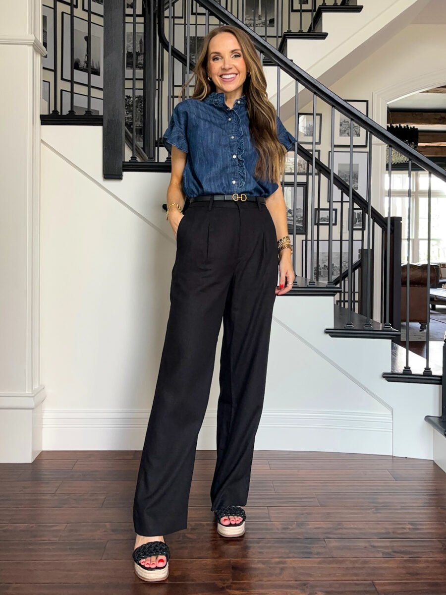 Teacher Outfits, Walmart Free assembly denim top, dressy black pleated pants, walmart wedges