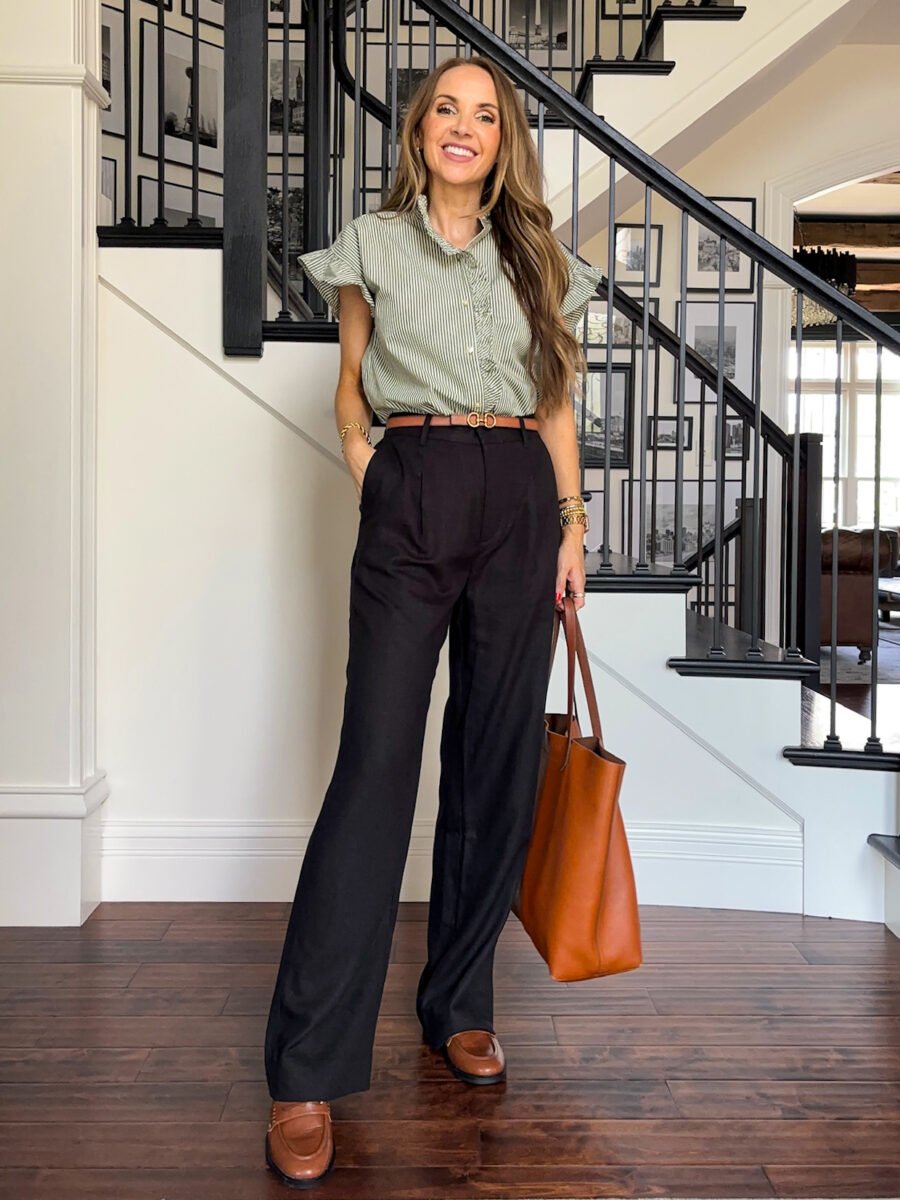 Teacher outfits, Walmart Free assembly green stripe blouse, black pleated trousers, time and tru loafers, madewell bag