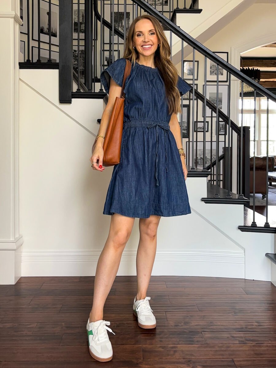 Teacher Outfits, Walmart Free Assembly denim dress, walmart sneakers, madewell bag