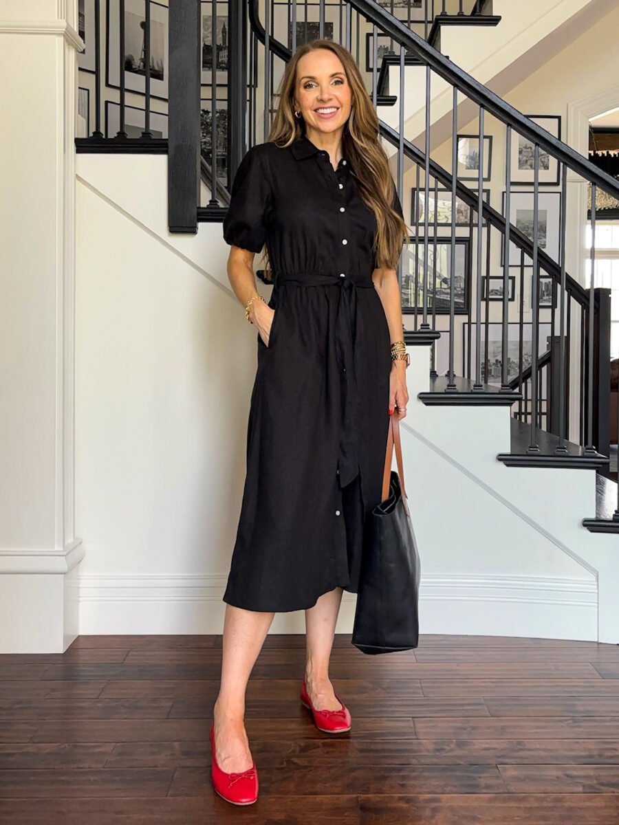 Teacher outfits, Walmart Free assembly black linen dress, walmart red flats