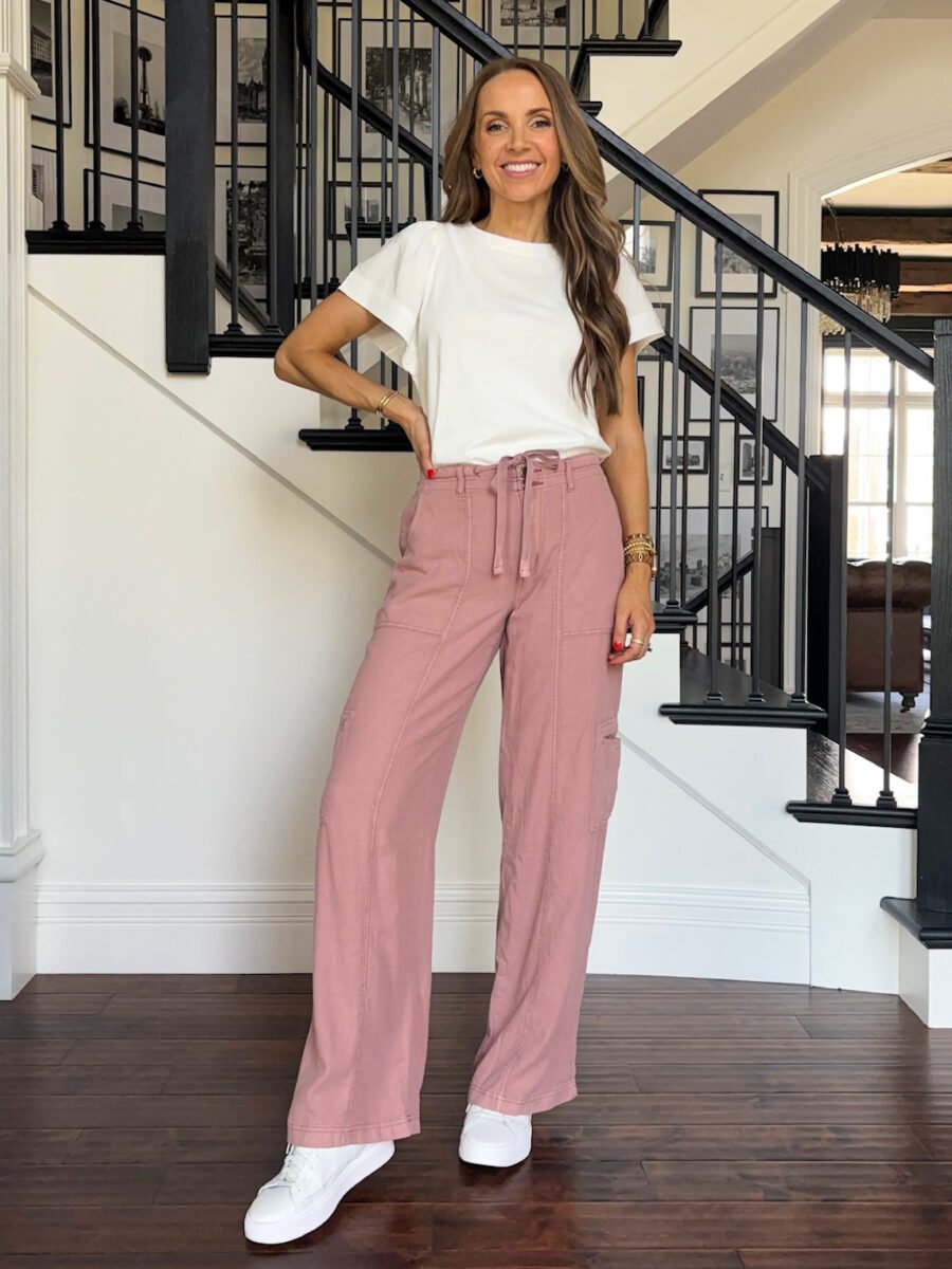 Teacher Outfits, Maurices white flutter sleeve top, maurices pink linen cargo pants, kisiks white sneakers