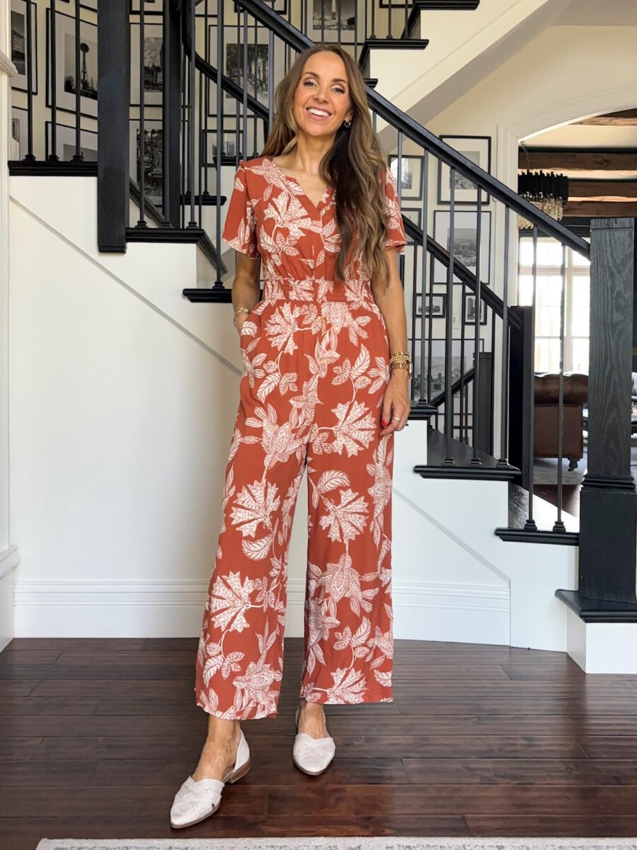 Teacher Outfits, Maurices orange flower jumpsuit, maurices shoes