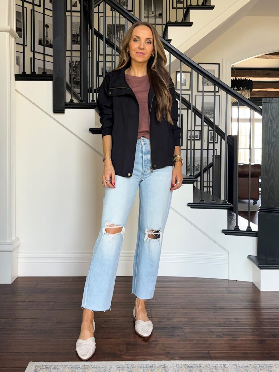Teacher outfits, Maurices Cropped straight leg jeans, Maurices tee, Maurices jacket, maurices flats