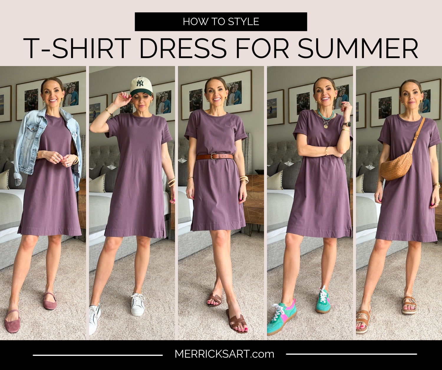 How to style a tshirt dress for summer. 5 purple tshirt dress outfits