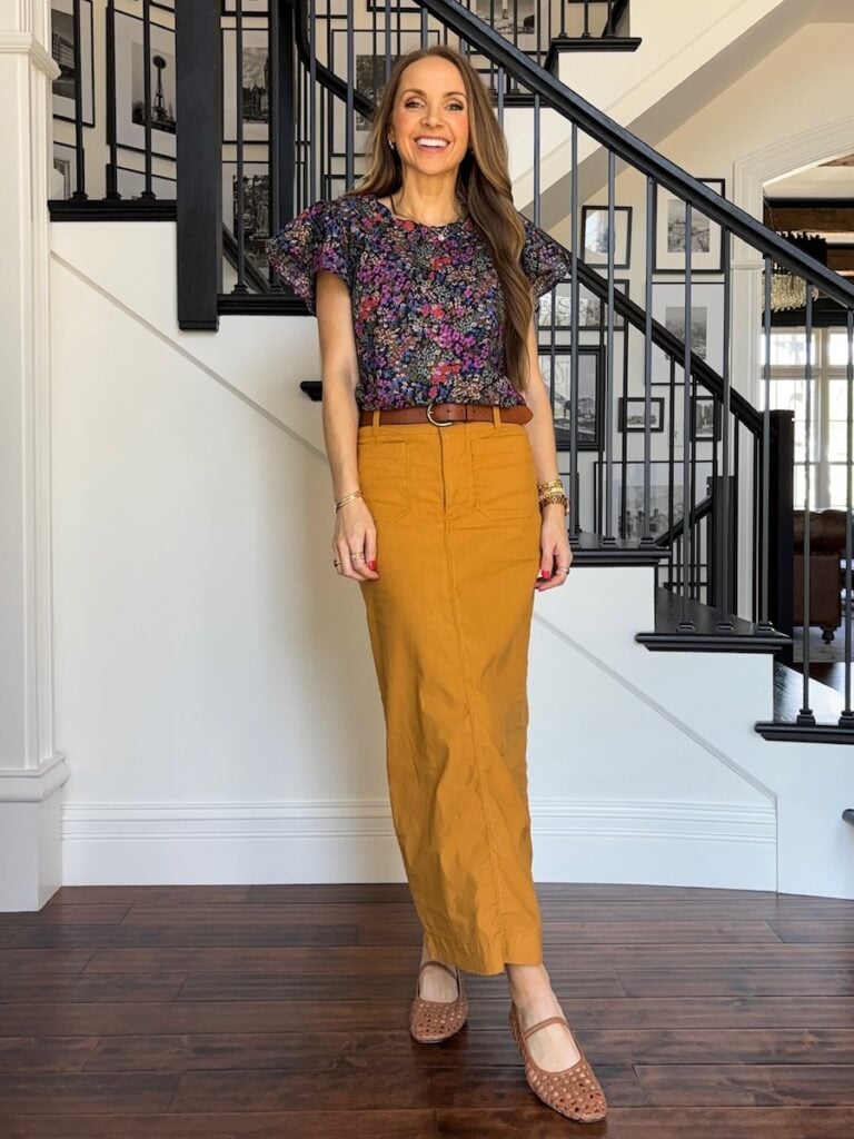 floral top with mustard yellow skirt