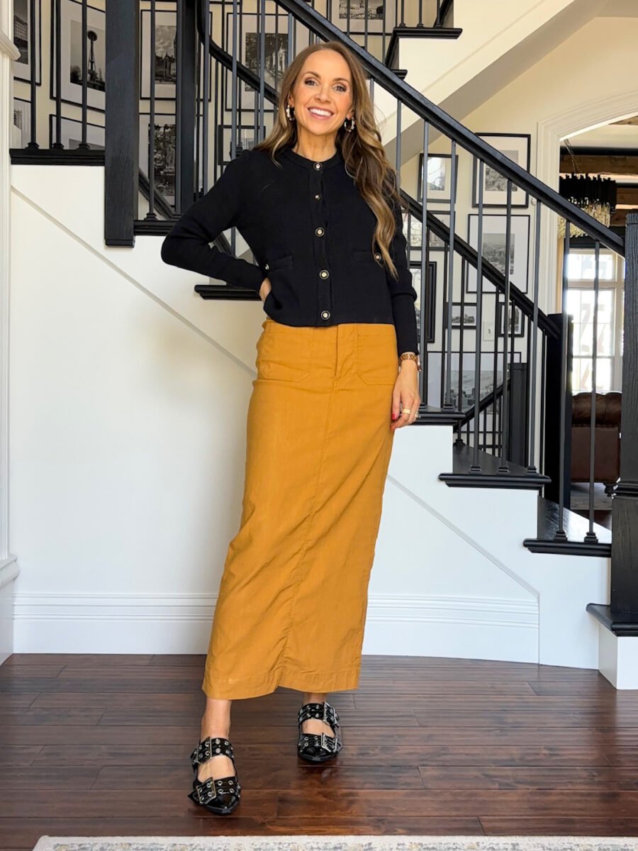 How to style buckle flats, Anthropologie mustard yellow skirt, black sweater, amazon buckle flats