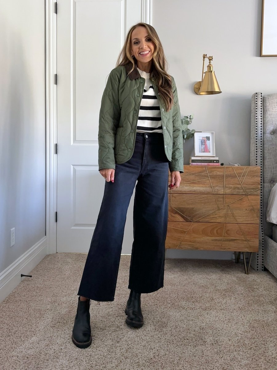 Green barn jacket, striped sweater, target sailor jeans, chelsea boots