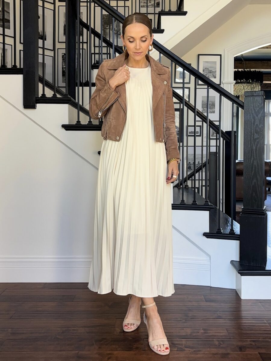 Ways to wear a flowy dress, amazon cream pleated dress, amazon ankle strap heels, suede moto jacket
