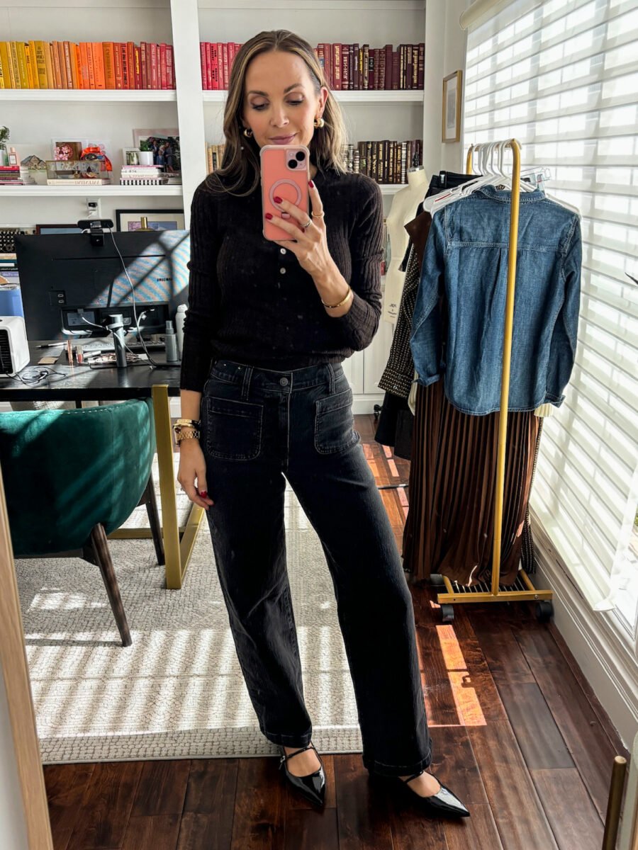Madewell patch pocket wide leg jeans, madewell henley, madewell pointed maryjane flats