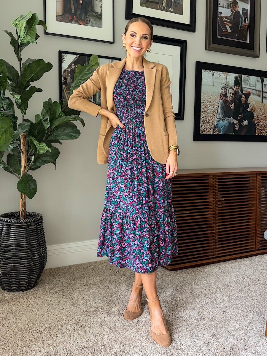 floral dress and cardigan blazer