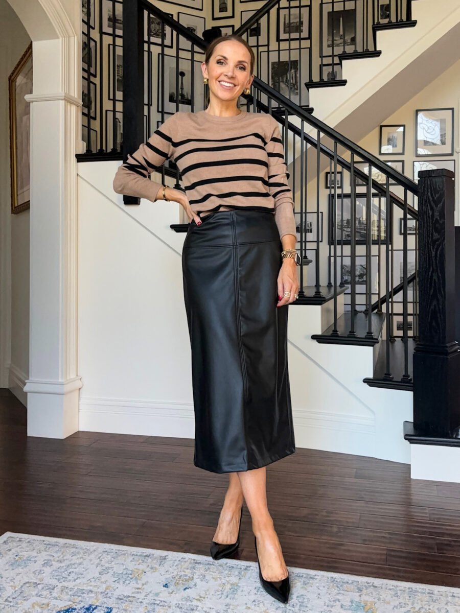 target leather skirt with striped sweater