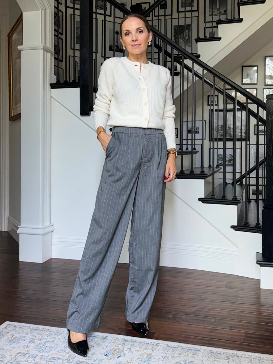gray dress pants with cardigan sweater