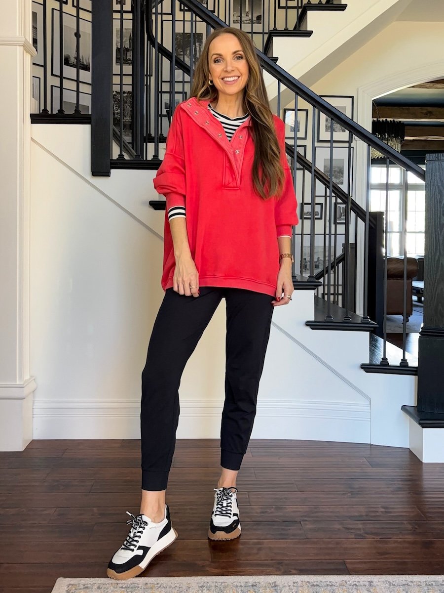 red aerie pullover with striped loft top and black joggers
