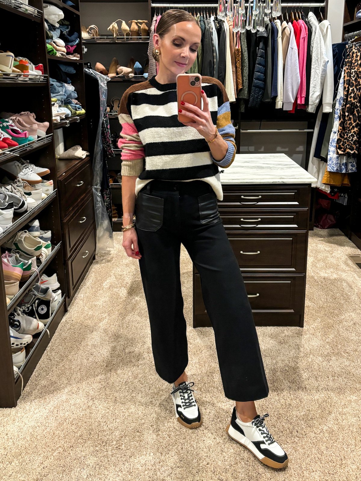 anthropologie patch pocket colette pants with striped sweater and sam edelman sneakers
