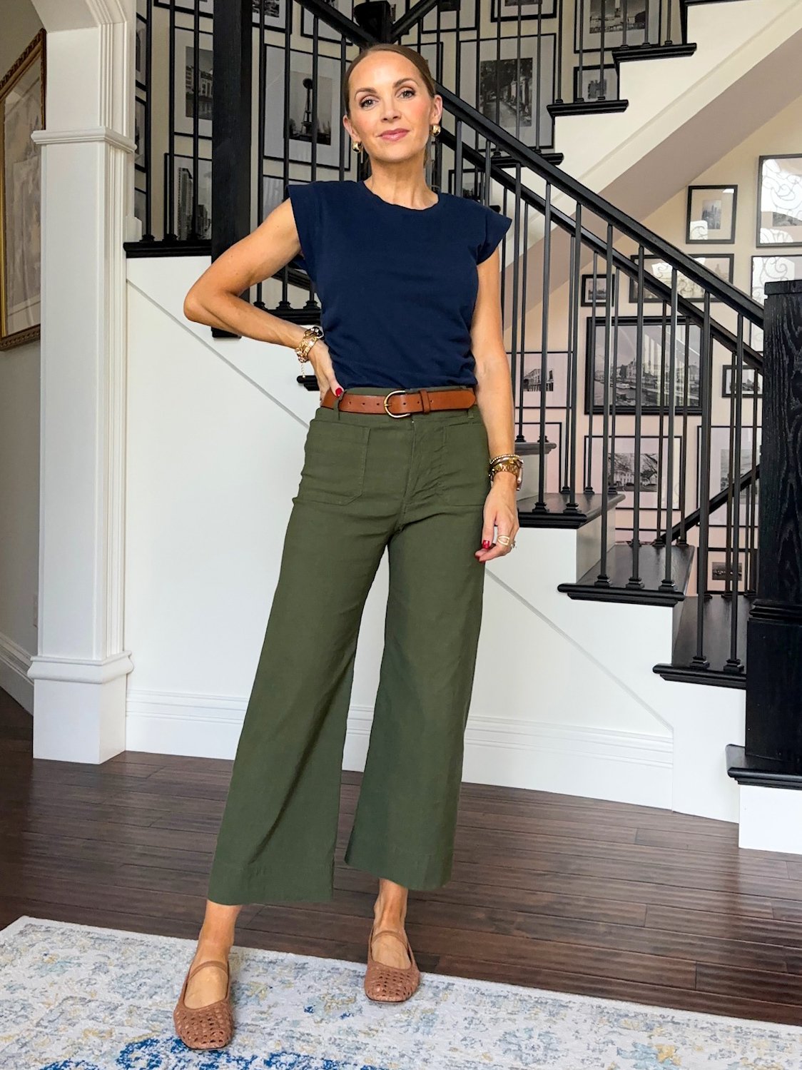 olive green colette pants and navy blue tee