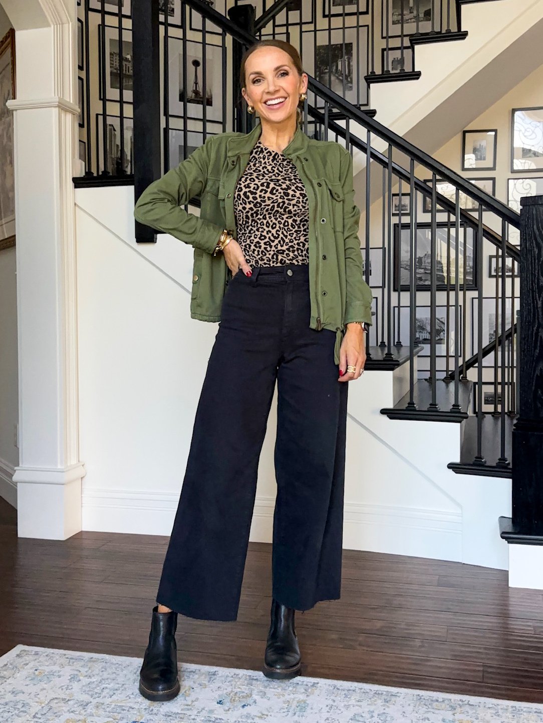 black target sailor jeans with leopard tee and olive green jacket