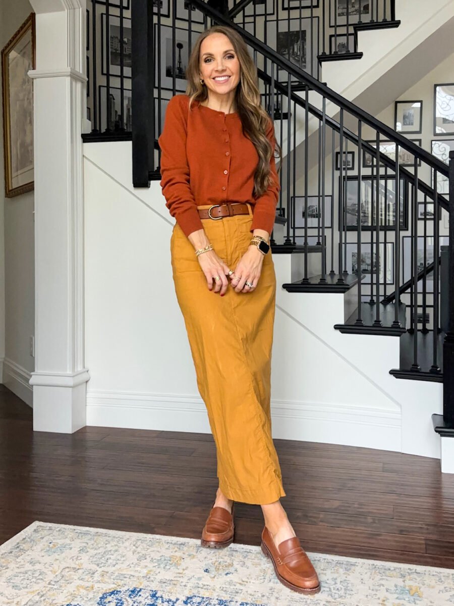 rust sweater with mustard anthropologie skirt