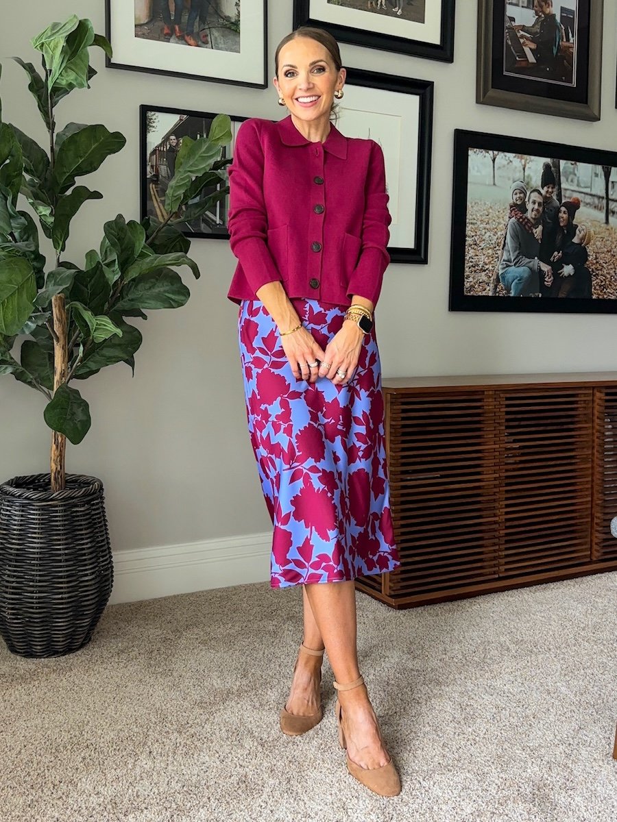 J.crew factory floral silky skirt and berry collared cardigan sweater