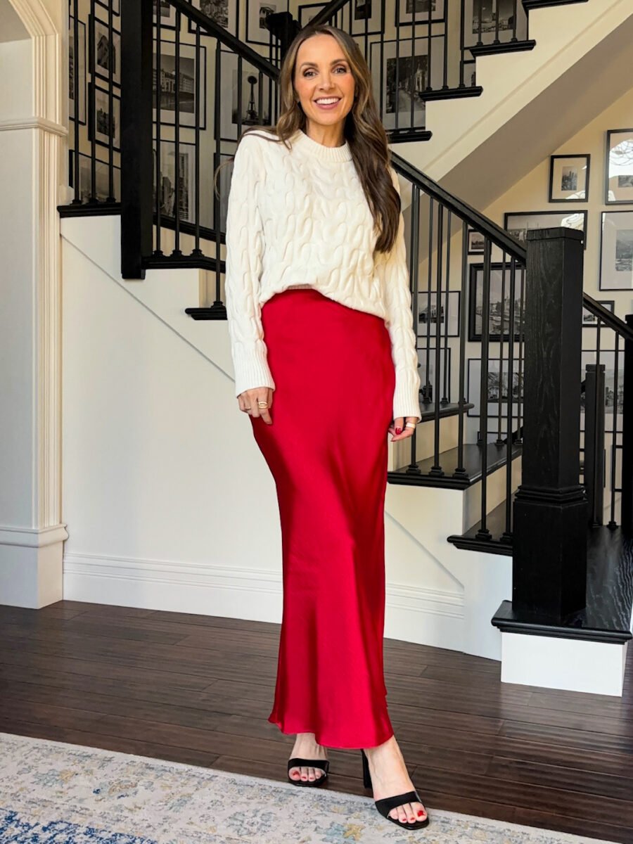 Target holiday - Target red slip skirt, Target cable knit sweater, target heels