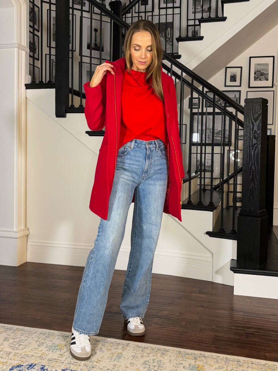 How to ear a red sweater - Target Red Sweater, aritzia jeans, talbots coat, samba sneakers
