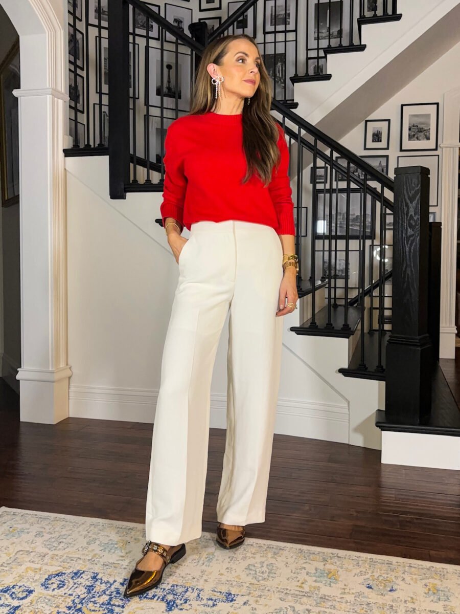 ways to wear a red sweater -Target red sweater, aritzia cream pants, anthropologie flats, anthropologie bow earrings
