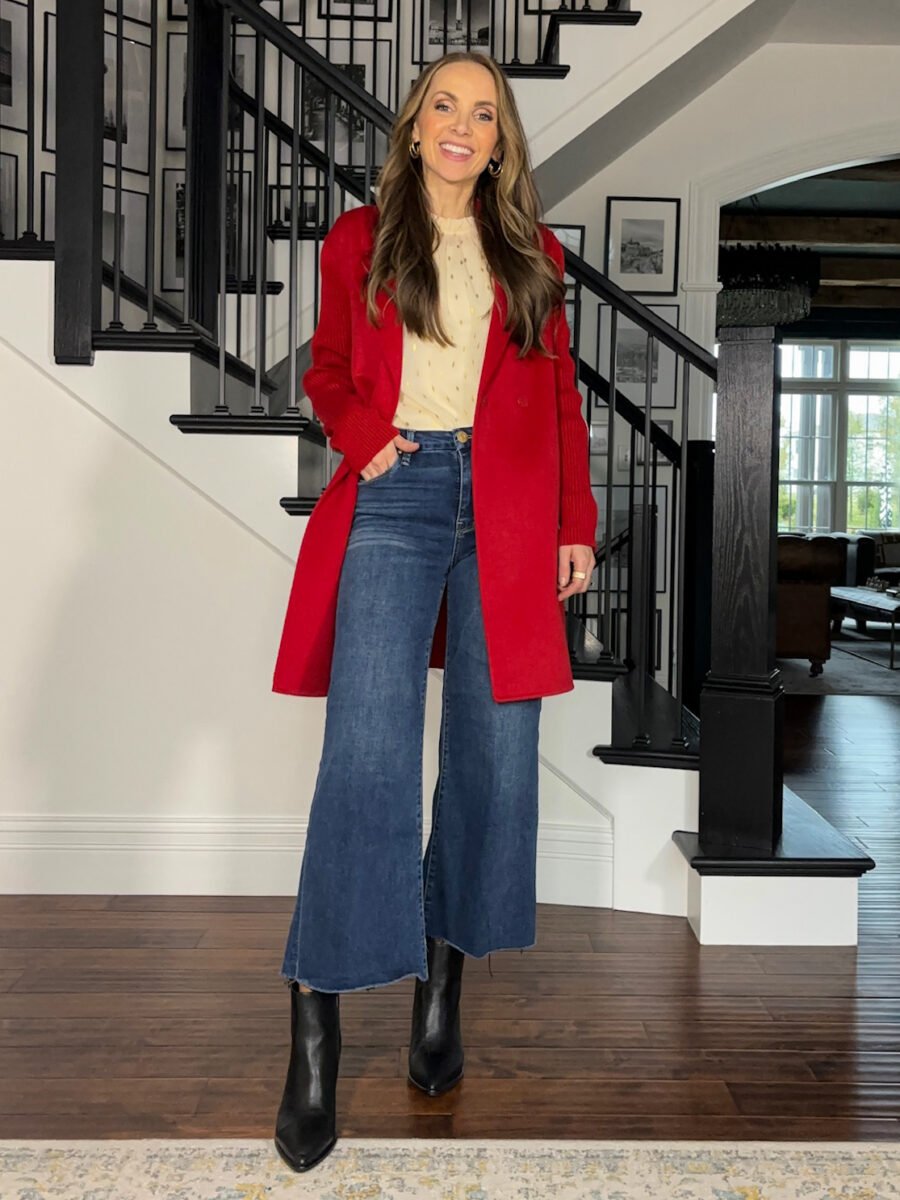 Holiday Essentials from Nordstrom - Endless Rose cream tee, Kut from the Kloth Meg jeans, blondo boot, Kenneth Cole Red sweater jacket
