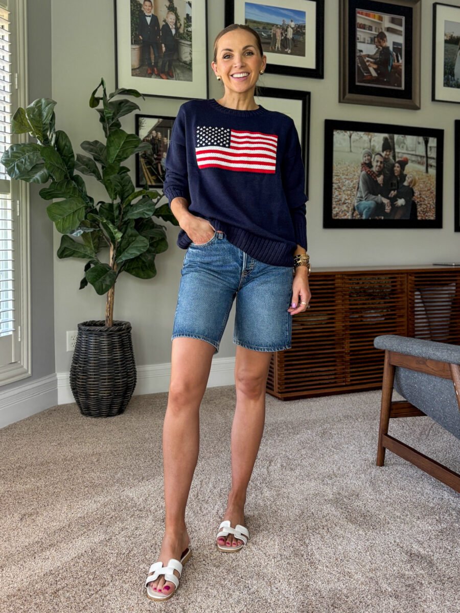 Target flag sweater, target denim shorts