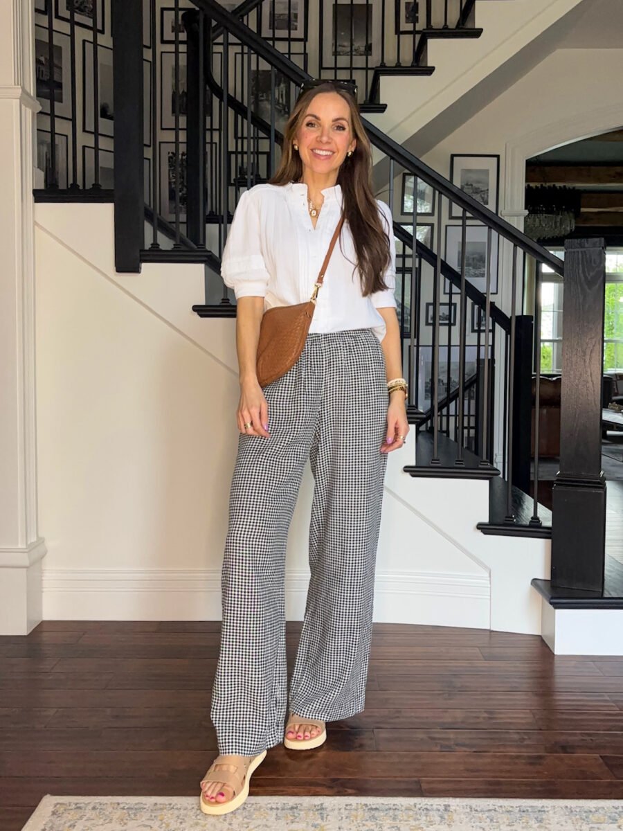 Me & Em white blouse, target Gingham pants, sorel sandals, quince mini handbag