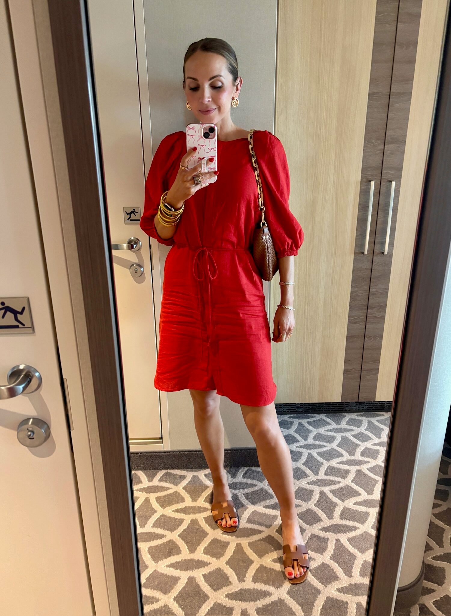 h&m red linen dress, Hermes sandals, quince Mini bag