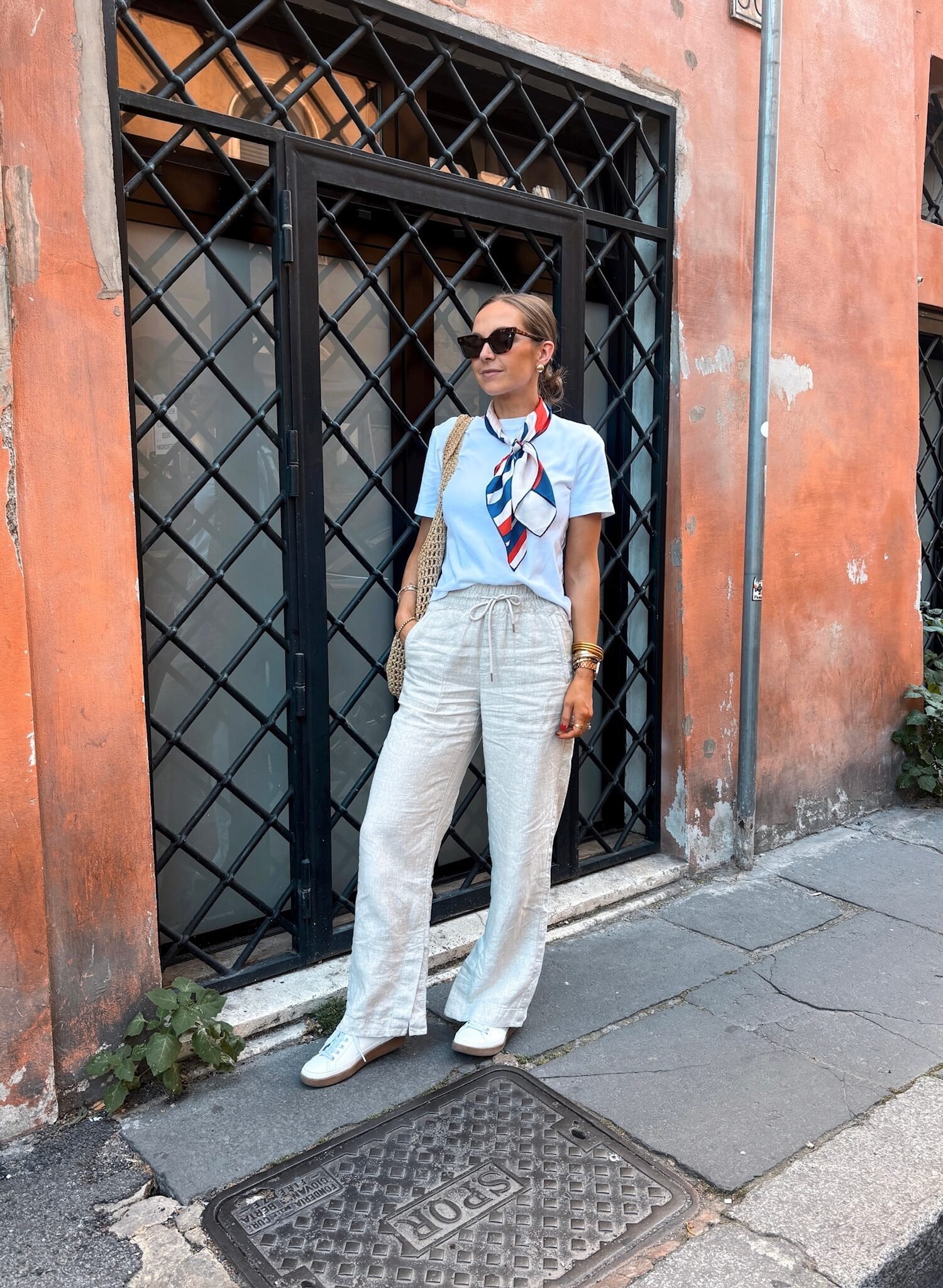 Athleta Linen pants, aritzia white t shirt, vionic winny sneakers, aritzia bag, granny's scarf